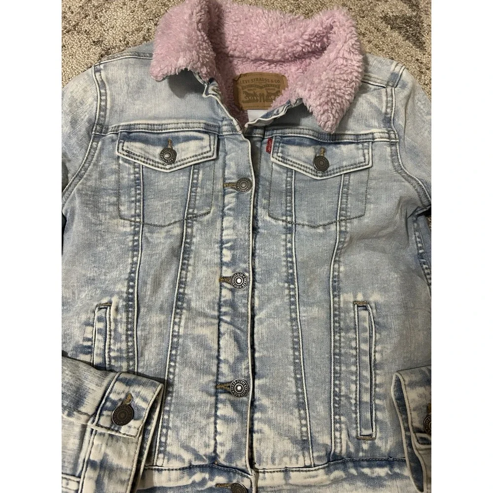 Girls Levi's Denim Jacket Pink Sherpa Lined‎ Size Large 12-13 Years